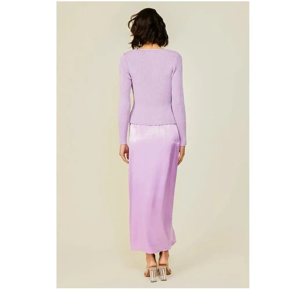 LINE & DOT Adelyn Skirt SZ Small NWT Lilac Purple Satin High Slit Midi Zipper